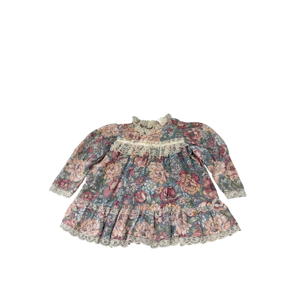 Vintage Miss Quality Girls Floral Lace Trim Dress 3T Cottagecore Victorian USA